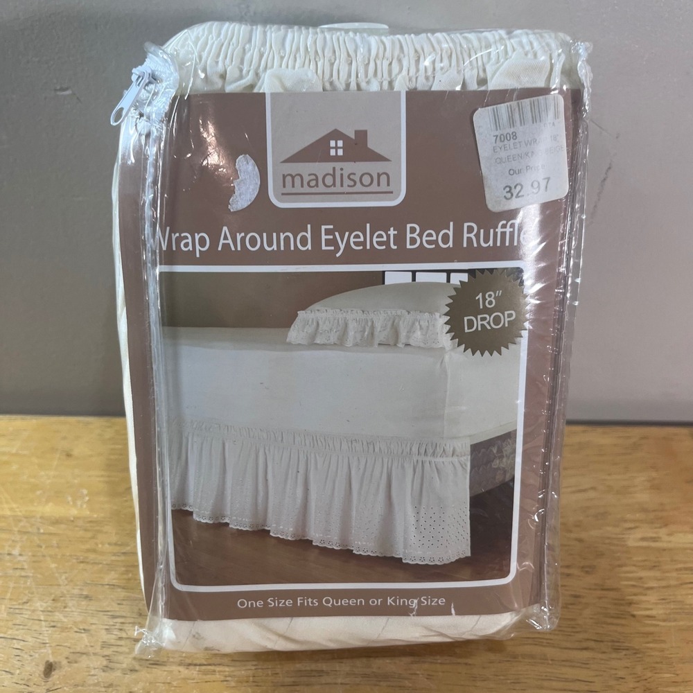 Madison Bed Ruffle Queen King Beige New Wrap Around Eyelet 18in Drop Bedskirt